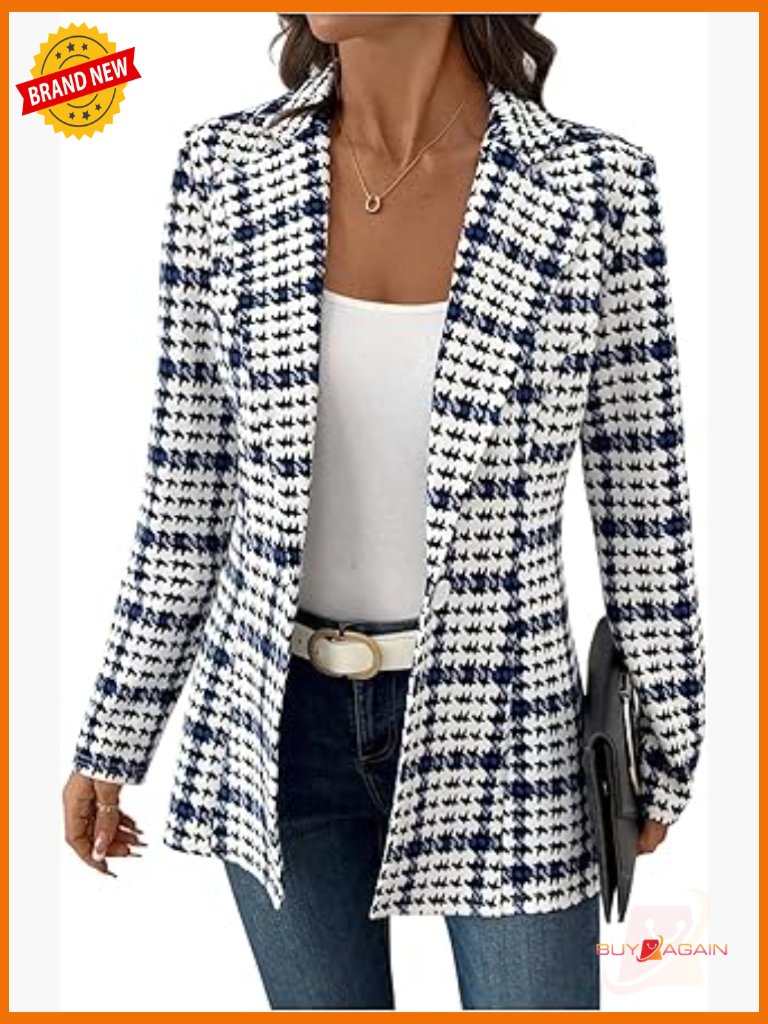 Women's Houndstooth Long Sleeve Button Blazer Jacket Open Front Casual Business